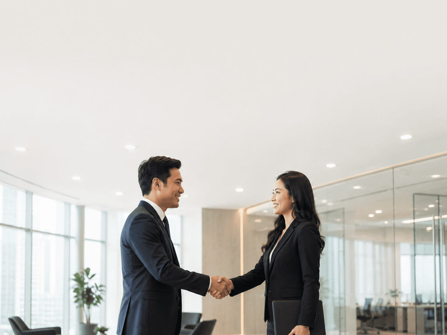 Dua profesional bisnis berjabat tangan di kantor modern