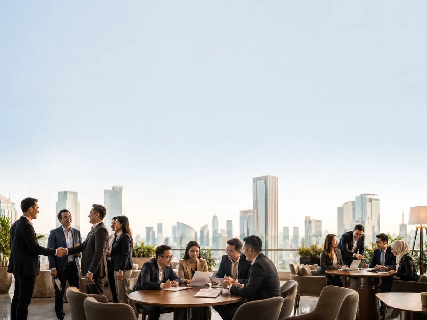 Para profesional berdiskusi dan berjabat tangan di rooftop dengan latar gedung perkantoran modern