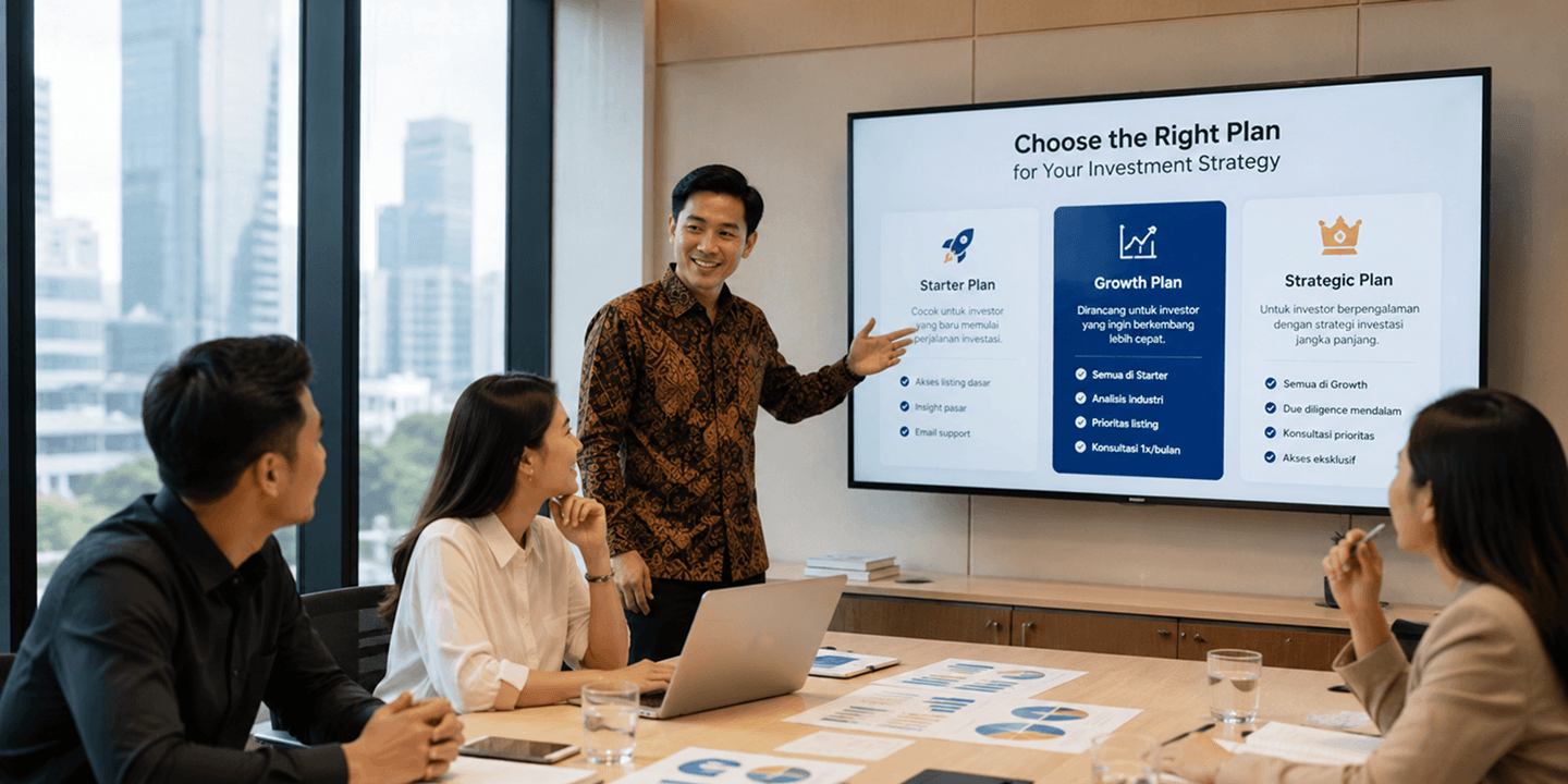 Profesional investasi mendiskusikan rencana di ruang pertemuan
