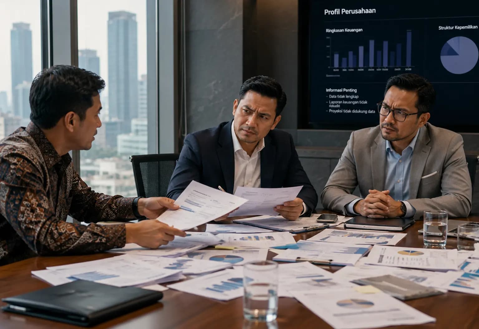 Tim mendiskusikan dokumen peluang bisnis di ruang rapat