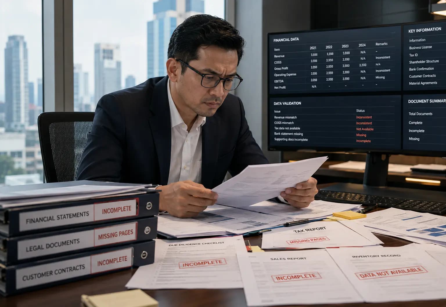 Profesional memeriksa dokumen keuangan yang tidak lengkap