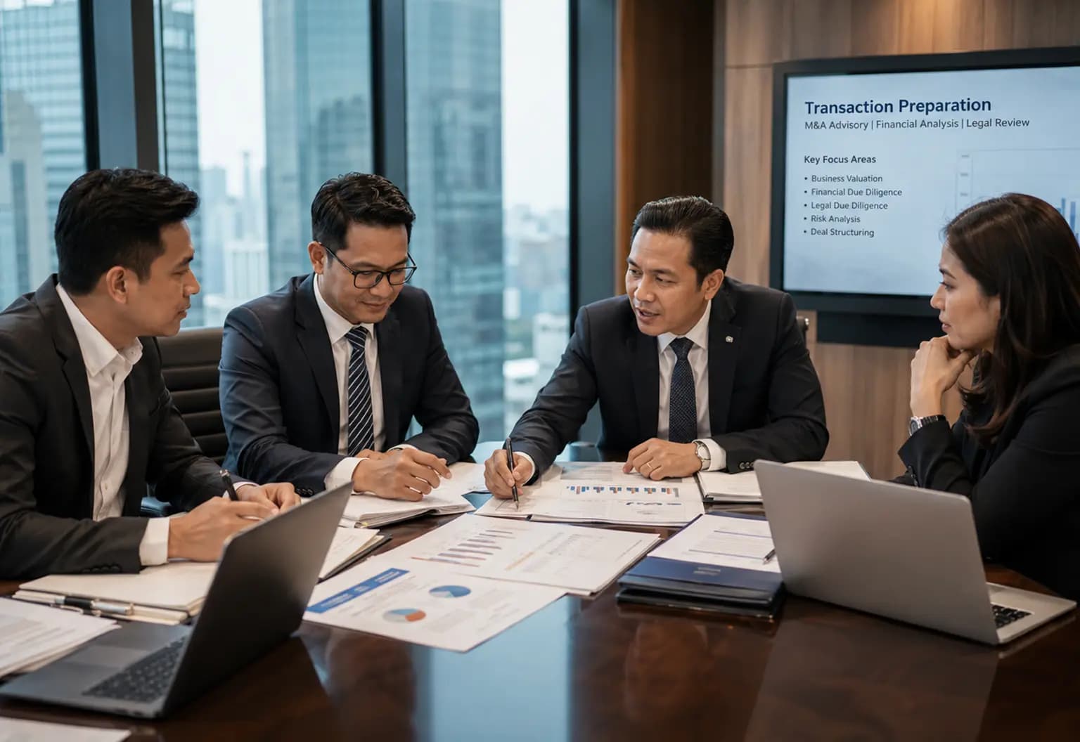 Tim penasihat mendiskusikan persiapan transaksi di ruang rapat