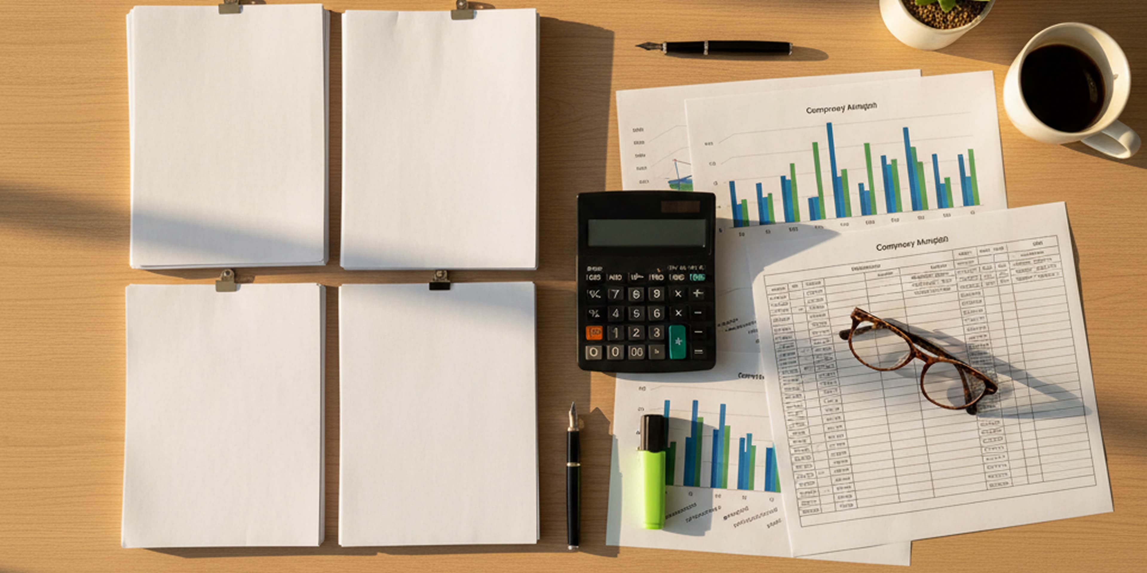 Meja kerja dengan laptop, dokumen laporan valuasi, dan grafik keuangan bisnis